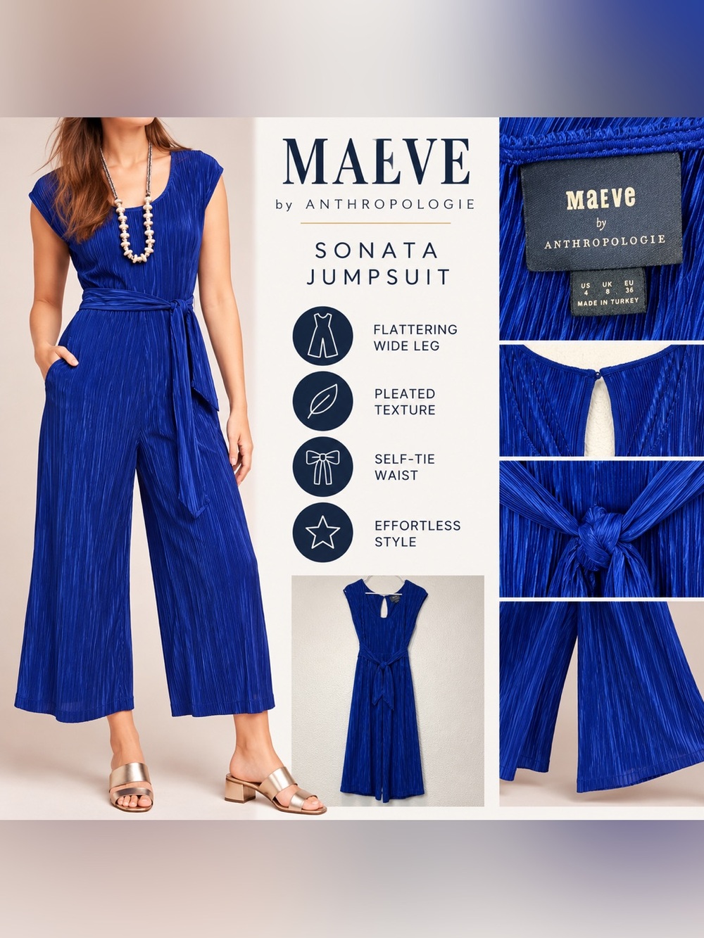 Anthropologie Maeve Sonata Pleated Jumpsuit Women’s Size 4 Blue